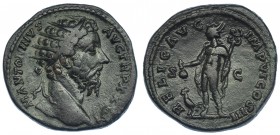 MARCO AURELIO. Dupondio. Roma (172-173). R/ Mercurio a izq., a sus pies gallo; RELIG AVG IMP VI COS III, S-C. RIC-1072. Pátina oscura. MBC.