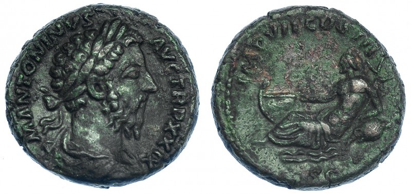 MARCO AURELIO. As. Roma (174-175). R/ Tíber a izq. con barco; IMP VII COS III, S...