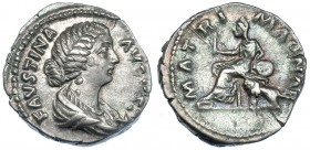 FAUSTINA LA MENOR. Denario. Roma (161-175). R/ Cibeles sentada a izq. con rama, detrás león; MATRI MAGNAE. RIC-706. EBC-/MBC.