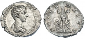 CÓMODO. Denario. Roma (175-176). R/ Dos cautivos sentados sobre armas, detrás trofeo; DE SARMATIS. RIC-609. MBC/MBC+. Rara.