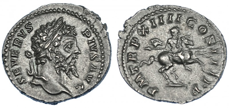 SEPTIMIO SEVERO. Denario. Roma (206). R/ El emperador a caballo con lanza a der....