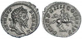 SEPTIMIO SEVERO. Denario. Roma (206). R/ El emperador a caballo con lanza a der.; P M TR P XIIII COS III P P. RIC-203. EBC/EBC-. Muy escasa.