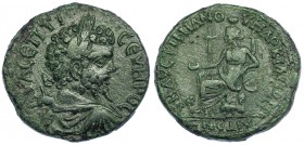 SEPTIMIO SEVERO. AE 28. Marcianópolis. R/ Tyche entronizada a izq. COP-No. SGI-No. Rayitas. Pátina verde. MBC/MBC-.