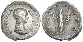 PLAUTILA. Denario. Roma (202-205). R/ Pietas a der. con cetro y niño; PIETAS AVGG. RIC-367. MBC.