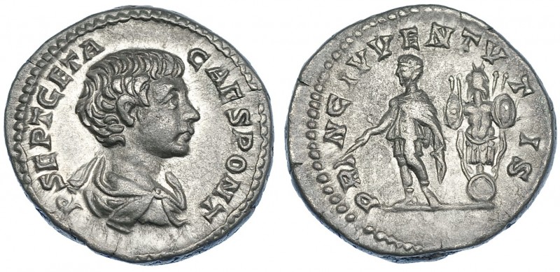 GETA. Denario. Roma (200-202). R/ El emperador en traje militar a izq., detrás t...