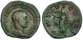 GORDIANO I. Sestercio. Roma (238). R/ Emperador a izq. con rama y parazonium; P M TR P COS PP, S-C. RIC-7. Trazas de limpieza mecánica. Pátina verde. ...