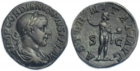 GORDIANO III. Sestercio. Roma (238-244). R/ Sol mirando a izq. con globo y mano levantada; AETERNITATI AVG, S-C. RIC-297a. Pátina oscura. MBC+.
