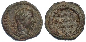 TREBONIANO GALO. Sestercio. Roma (251). R/ Láurea rodeando VOTIS/DECENNA/LIBVS/SC. RIC-127. Trazas de limpieza mecánica. MBC+/MBC.
