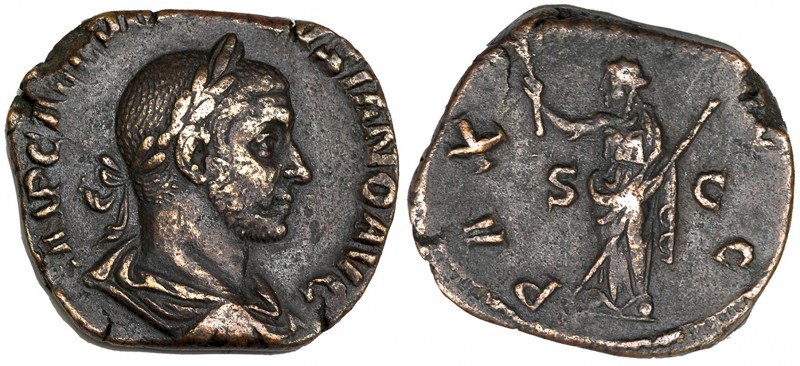 VOLUSIANO. Sestercio. Roma (251-253). R/ Pax a izq. con rama y cetro; PAX (AV)G,...