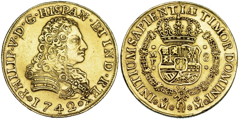 8 escudos. 1742. México. MF. VI-1741. Pudo estar colgada. Anv. algo abrillantado...