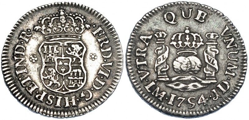 1/2 real. 1754. Lima. JD. VI-44. MBC.