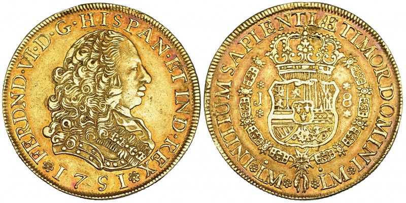 8 escudos. 1751. Lima. J. VI-583. Golpecito en canto. Pátina rojiza. MBC.