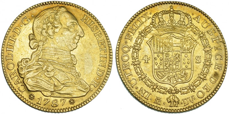 4 escudos. 1787. Madrid. DV. VI-1471. Hojitas en rev. y pequeñas marcas. EBC-.