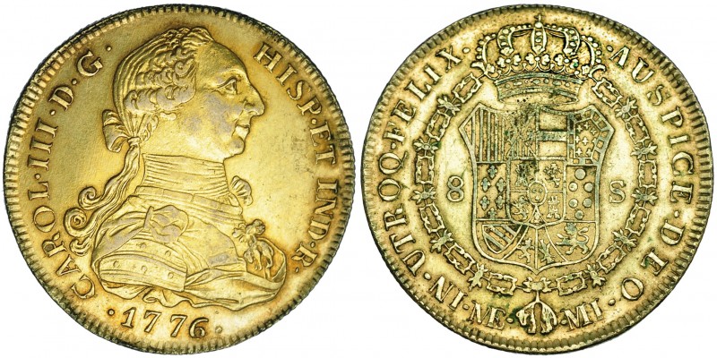 8 escudos. 1776. Lima. MI. Falsa de época en platino dorado. 27,1 g. Barrera-358...