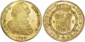 8 escudos. 1784. Potosí. PA. VI-1735. Hojita en anv. y rayas de ajuste. R.B.O. MBC+/EBC.
