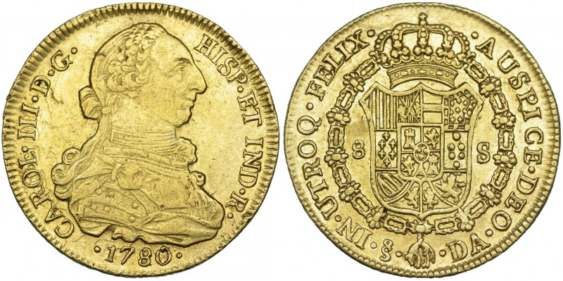 8 escudos. 1780. Santiago. DO. VI-1763. Hojita y pequeñas marcas en anv. MBC+.