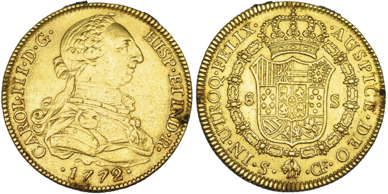 8 escudos. 1772. Sevilla. CF. VI-1774. Dos soldaduras de plata en canto. MBC. Ra...