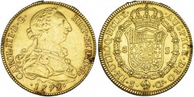 8 escudos. 1772. Sevilla. CF. VI-1774. Dos soldaduras de plata en canto. MBC. Rara.
