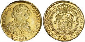 8 escudos. 1786. Sevilla. C. VI-1781. Hojitas en anv. R.B.O. MBC.