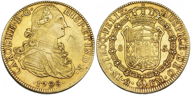 8 escudos. 1798. México. FM. VI-1334. Dos rayitas en anv. MBC.