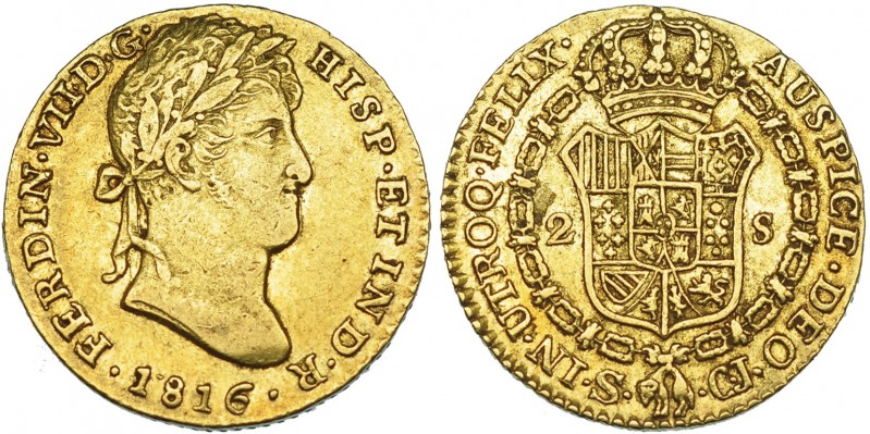 2 escudos. 1816. Sevilla. CJ. VI-1385. MBC. Escasa.