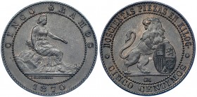 5 céntimos. 1870. Barcelona OM. VII-3. R.B.O. EBC+.