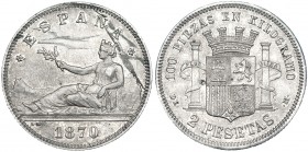 2 pesetas. 1870 *18-75. Madrid. DEM. VII-20. Pátina irregular. EBC.