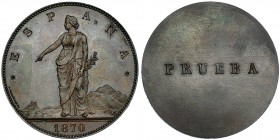 Prueba unifaz de 100 pesetas de 1870. En rev. la palabra PRUEBA en el centro. CU 14,82 g. SC.