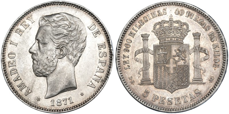 5 pesetas. 1871 *18-74. Madrid. DEM. VII-35. Golpecito en canto. EBC-.