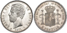 5 pesetas. 1871 *18-74. Madrid. DEM. VII-35. Golpecito en canto. EBC-.