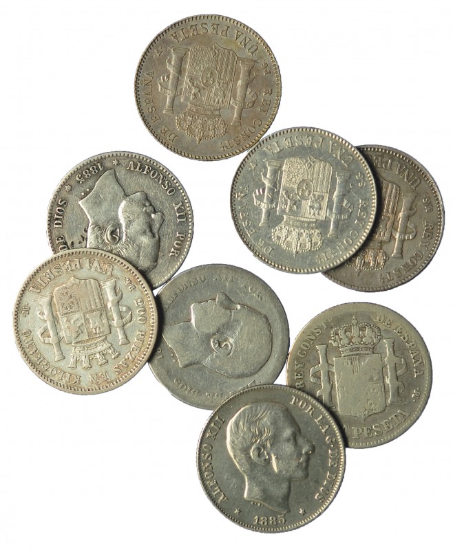 Lote 8 monedas: peseta 1870, 1881, 1883, 1885 *85 y*86, 1896, 1899 y 20 centavos...