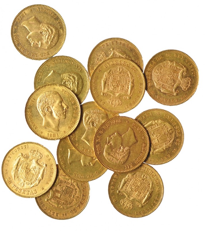 Lote 13 monedas de 25 pesetas: 1876 (2), 1877 (7), 1878 DEM (1), 1880 (2), 1881 ...