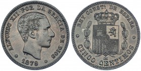 5 céntimos. 1879. Barcelona. OM. VII-44. EBC.