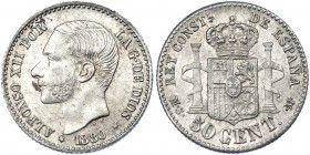 50 céntimos. 1880*8-0. Madrid. MSM. VII-48. Manchita. B.O. EBC+.