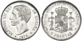 5 pesetas. 1875*18-75. Madrid. DEM. VII-81. EBC/EBC+.
