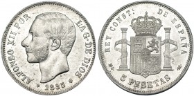 5 pesetas. 1885*18-86. Madrid. MSM. VII-92. Golpecito en gráfila. EBC.