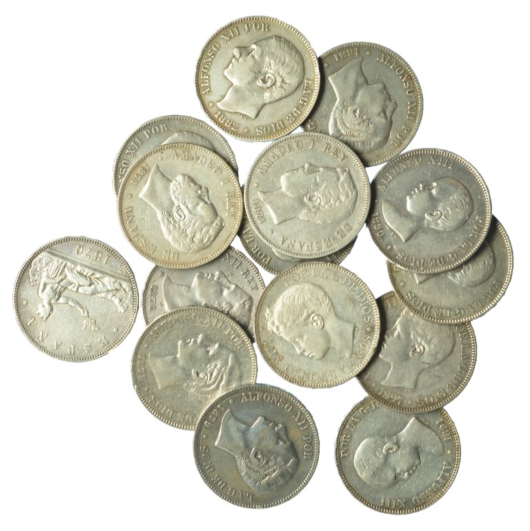 Lote 15 monedas de 5 pesetas: 1870, 1871*71 y 75, 1876, 1878, 1879, 1881, 1882, ...