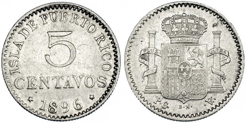 5 centavos de peso. 1896. Puerto Rico. VII-139. MBC+/MBC.