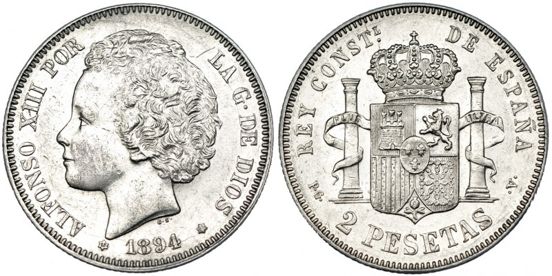 2 pesetas. 1894*18-94. Madrid. PGV. VII-174. EBC-.