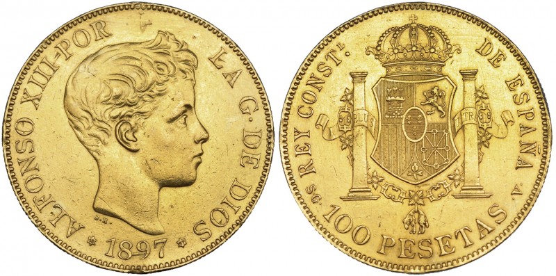 100 pesetas. 1897 *18-97. Madrid. SGV. VII-199. Pudo estar engarzada. Golpecitos...