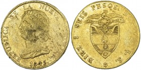 COLOMBIA. 16 pesos. 1845. Bogotá. RS. KM-94.1. Pequeñas marcas. MBC.