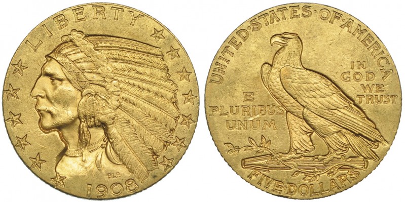 ESTADOS UNIDOS DE AMÉRICA. 5 dólares. 1908. KM-129. EBC.