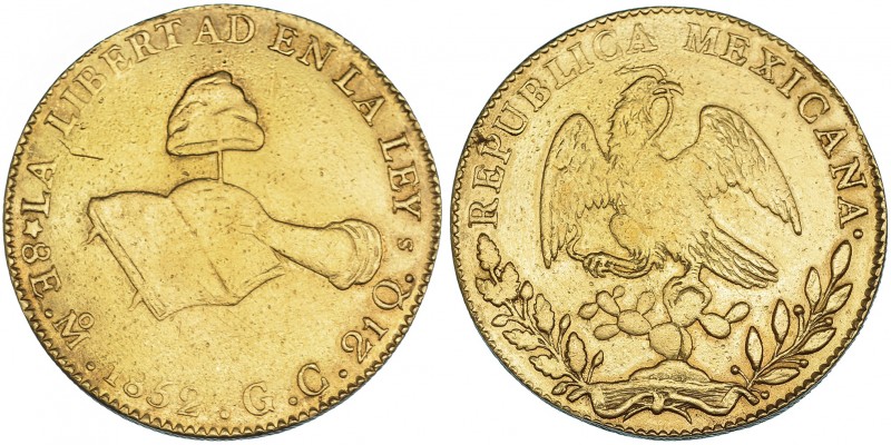 MÉXICO. 8 escudos. 1852. Guadalupe y Calvo. KM-383.6. Estuvo engarzada. Superfic...