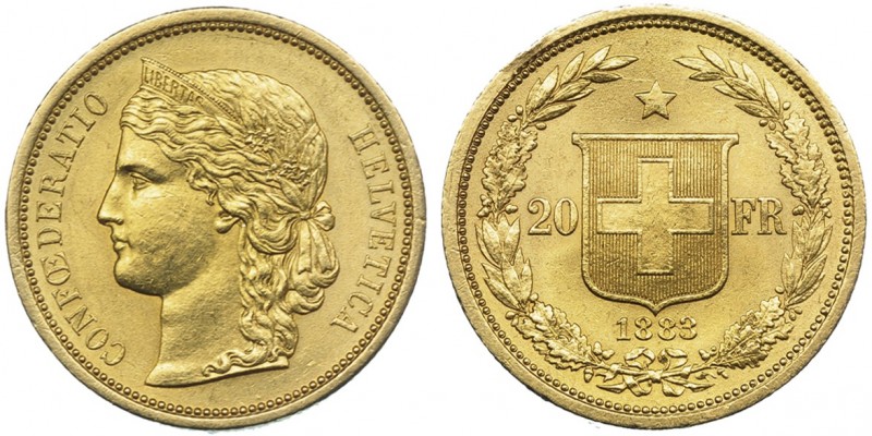 SUIZA. 20 francos. 1883. KM-31.1. Golpecito en gráfila. EBC.