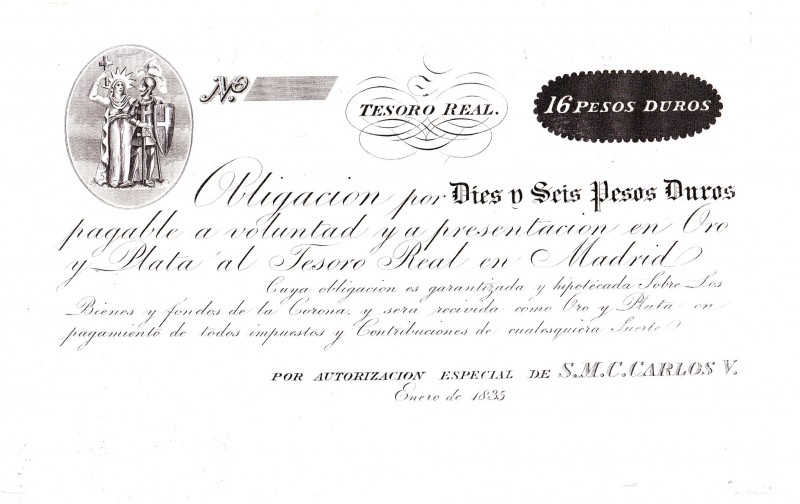 Guerras carlistas. Carlos V. Obligación de 16 pesos duros. Enero 1835. Sin firma...