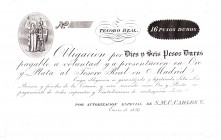 Guerras carlistas. Carlos V. Obligación de 16 pesos duros. Enero 1835. Sin firmas ni numeración. Sello en rev. ED-A19. EBC+.