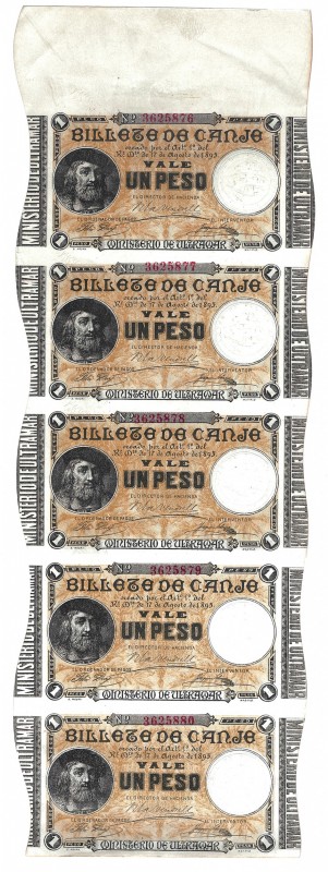 Ministerio de Ultramar. Billete de canje. Peso. 1895. Puerto Rico. Serie de 5 bi...
