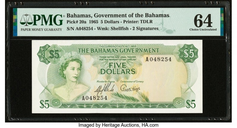 Bahamas Bahamas Government 5 Dollars 1965 Pick 20a PMG Choice Uncirculated 64. 
...