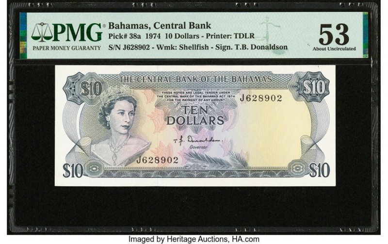 Bahamas Central Bank 10 Dollars 1974 Pick 38a PMG About Uncirculated 53. 

HID09...