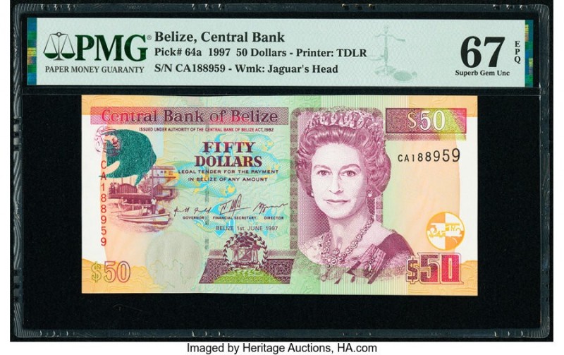 Belize Central Bank 50 Dollars 1.6.1997 Pick 64a PMG Superb Gem Unc 67 EPQ. 

HI...